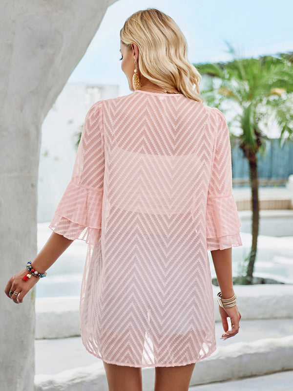 See-Through Chevron Open Front Top - Mid-Length Cover-Up