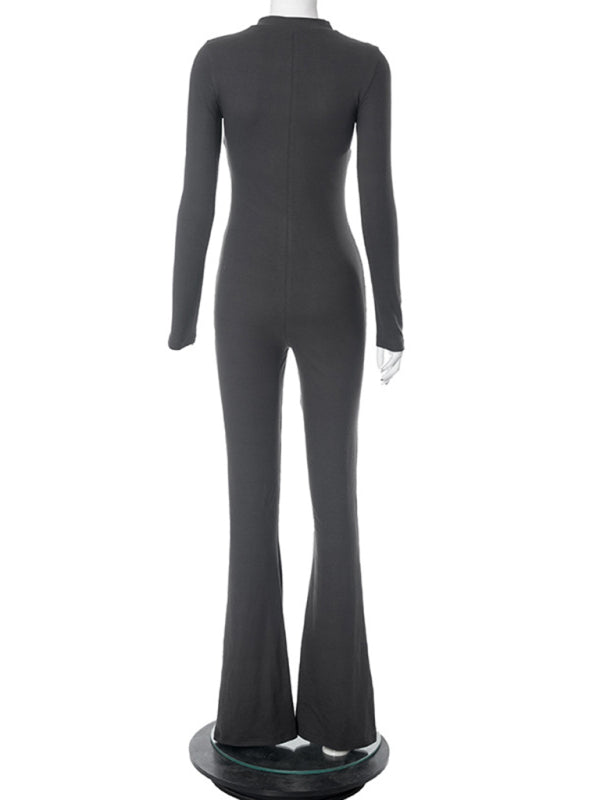 Coveralls- Body-Hugging Long-Sleeve Jumpsuit with Flared Pants- Chuzko Women Clothing