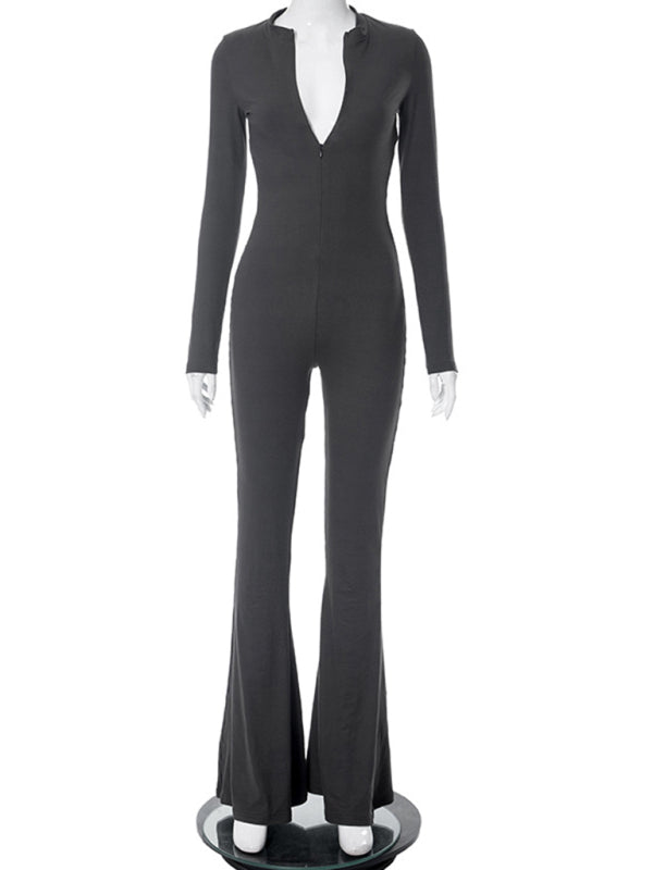 Coveralls- Body-Hugging Long-Sleeve Jumpsuit with Flared Pants- Chuzko Women Clothing