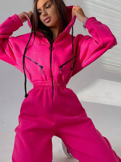 Cozy Lounge Zip-Up Coveralls Jumpsuit with Long Sleeves Coveralls - Chuzko Women Clothing