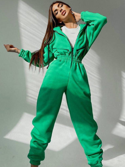 Cozy Lounge Zip-Up Coveralls Jumpsuit with Long Sleeves Coveralls - Chuzko Women Clothing