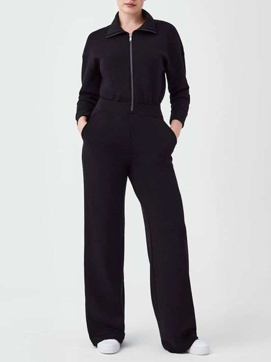 Solid Zip-Up Coveralls | Straight-Leg Jumpsuit with Long Sleeves