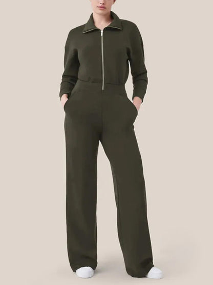 Solid Zip-Up Coveralls | Straight-Leg Jumpsuit with Long Sleeves