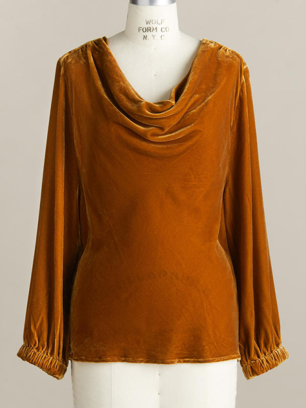 Cowl Tops- Velour Couture Cowl Blouse - Elegant Velvet with 3/4 Sleeves Top- Chuzko Women Clothing