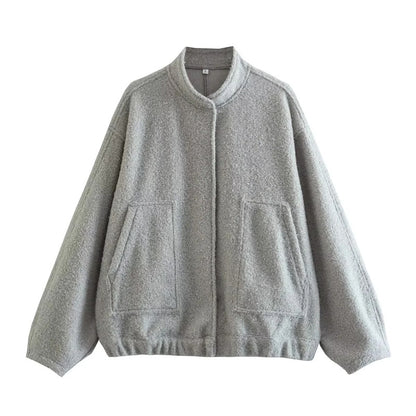 Cozy Jackets- Fall Oversized Wool Jacket with Handy Pockets- Chuzko Women Clothing