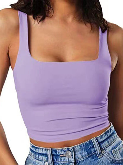 Crop Top- Women's Solid Square Neck Top - Fitted Crop Cami- Violet- Chuzko Women Clothing