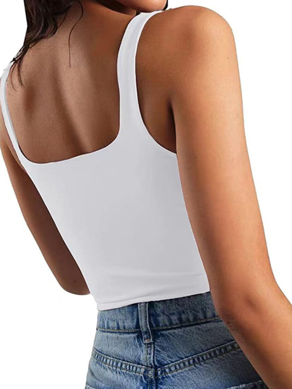 Crop Top- Women's Solid Square Neck Top - Fitted Crop Cami- White- Chuzko Women Clothing