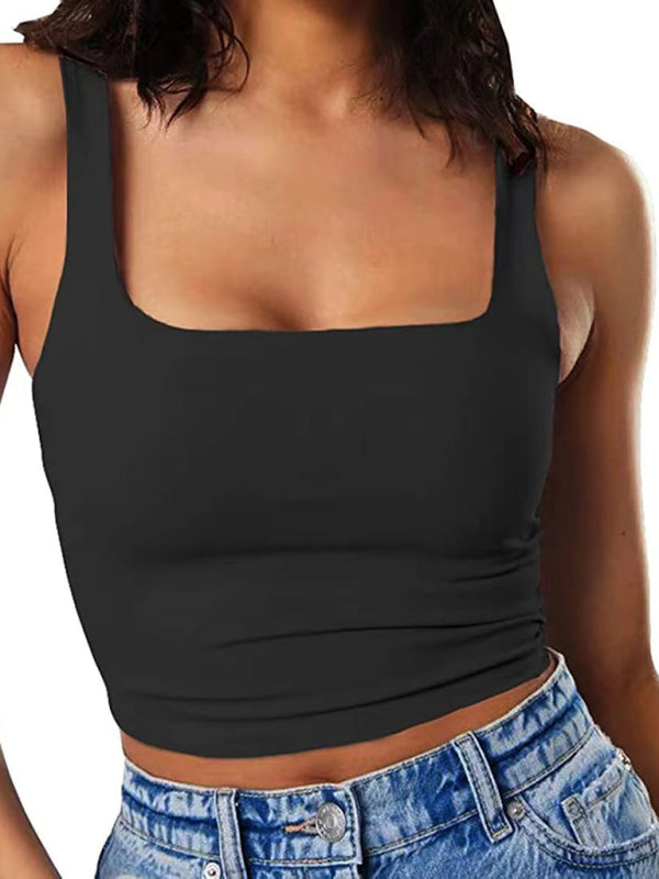 Crop Top- Women's Solid Square Neck Top - Fitted Crop Cami- Black- Chuzko Women Clothing