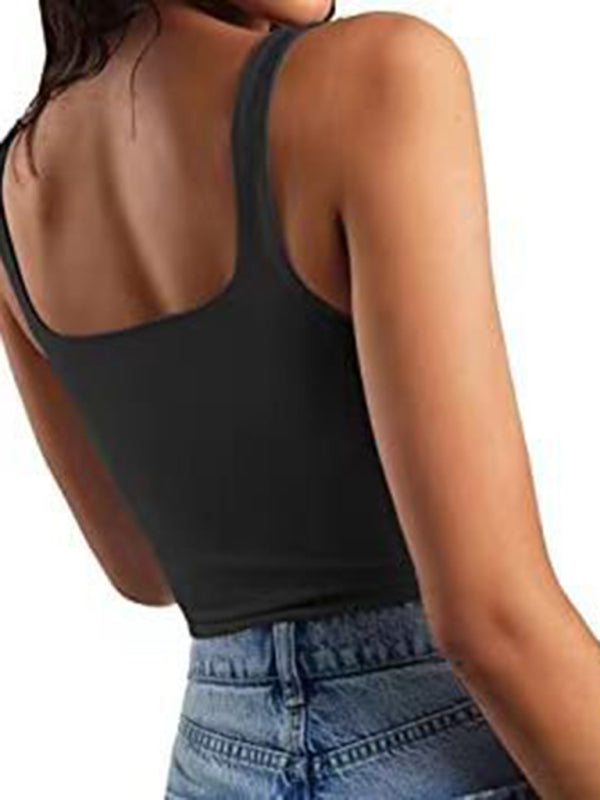 Crop Top- Women's Solid Square Neck Top - Fitted Crop Cami- - Chuzko Women Clothing