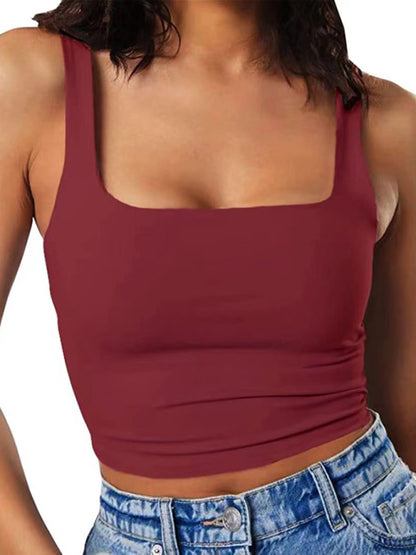 Crop Top- Women's Solid Square Neck Top - Fitted Crop Cami- Dark Brown- Chuzko Women Clothing