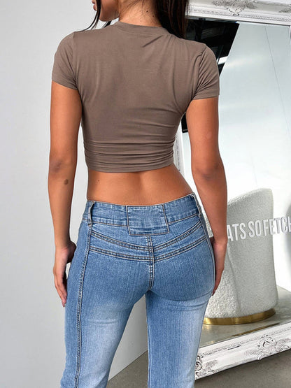Crop Tops- Essential Crop Tee - Women's Fitted Crew Neck Top with Short Sleeves- - Chuzko Women Clothing