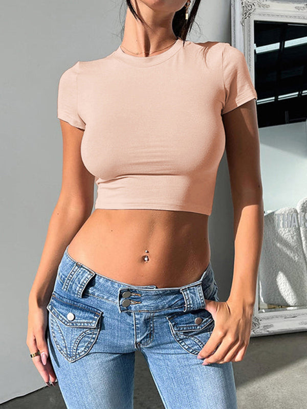 Crop Tops- Essential Crop Tee - Women's Fitted Crew Neck Top with Short Sleeves- - Chuzko Women Clothing
