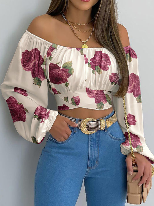 Crop Tops- Floral Print Crop Blouse - Off-The-Shoulder Long Sleeves Top- Chuzko Women Clothing