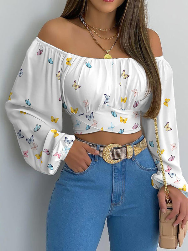 Crop Tops- Floral Print Crop Blouse - Off-The-Shoulder Long Sleeves Top- Chuzko Women Clothing