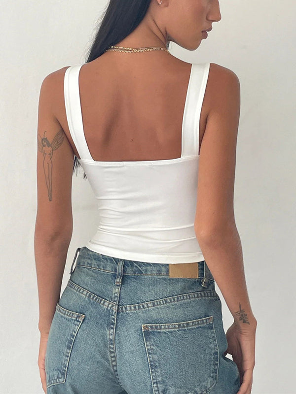Crop Tops- Women's Square Neck Ruched Tie Bust Crop Top- - Chuzko Women Clothing