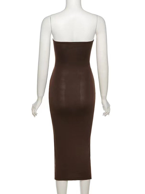 Cutout Dresses- Strapless Bodycon Midi Dress in Solid Hue with Ruched Slit Side- Chuzko Women Clothing
