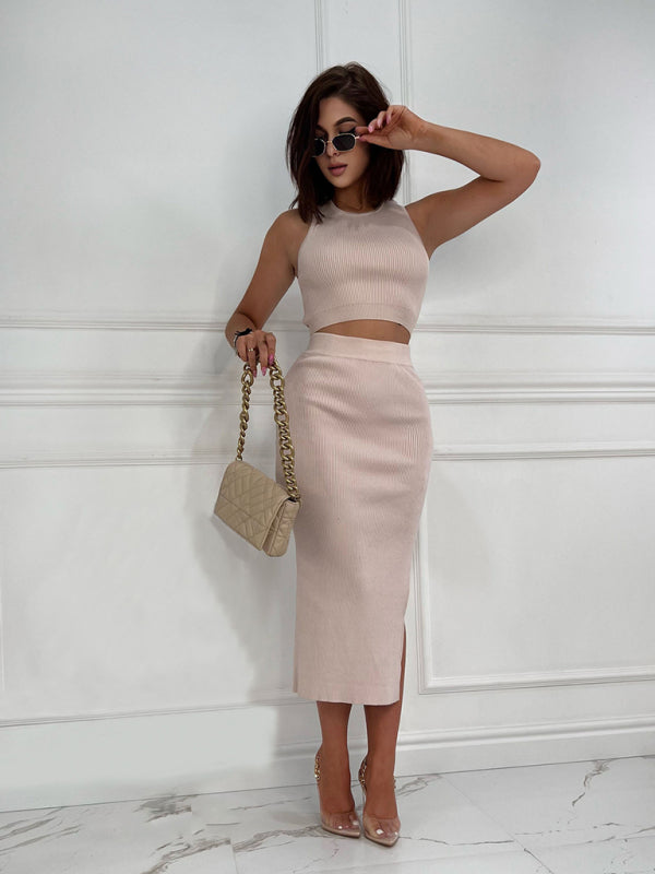 Cutout Outfits- Ribbed Cutout 2-Piece Bodycon with Crop Tank Top and Slit Midi Dress- - Chuzko Women Clothing