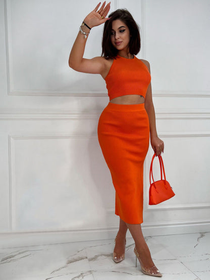 Cutout Outfits- Ribbed Cutout 2-Piece Bodycon with Crop Tank Top and Slit Midi Dress- Orange- Chuzko Women Clothing