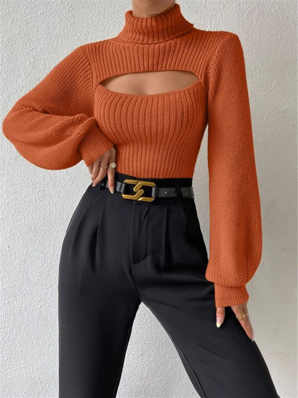 Cutout Sweaters- Cutout Rib-Knit Turtleneck Sweater- Chuzko Women Clothing