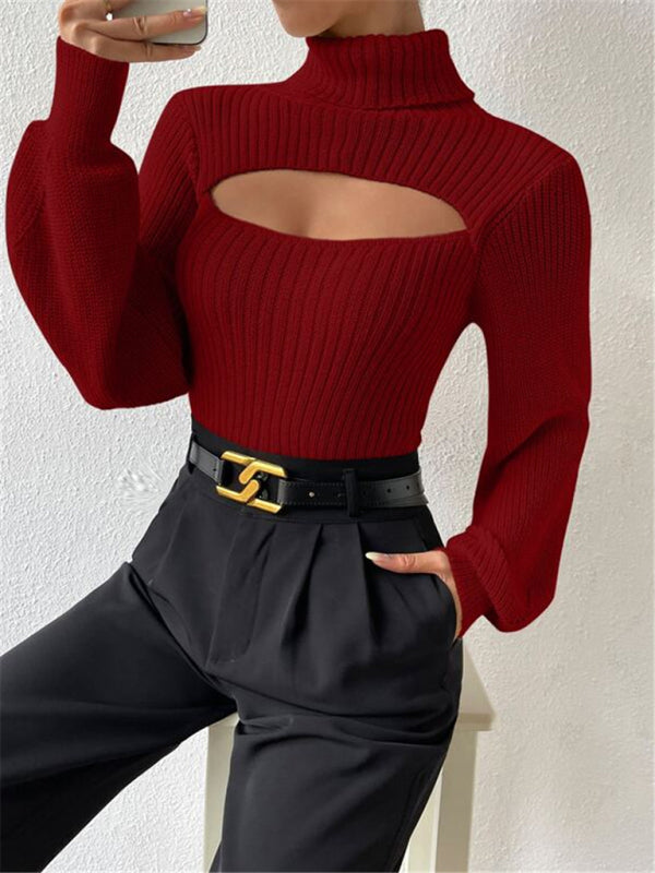 Cutout Sweaters- Cutout Rib-Knit Turtleneck Sweater- Chuzko Women Clothing