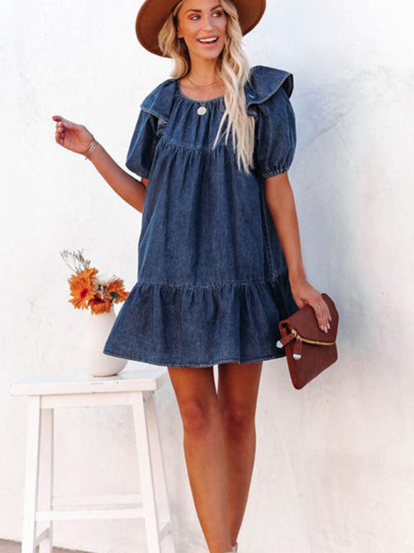 Denim Tunic Mini Dress with Puff Sleeves and Ruffle Accents