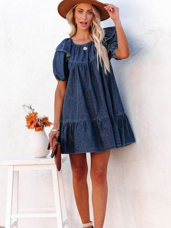 Denim Tunic Mini Dress with Puff Sleeves and Ruffle Accents