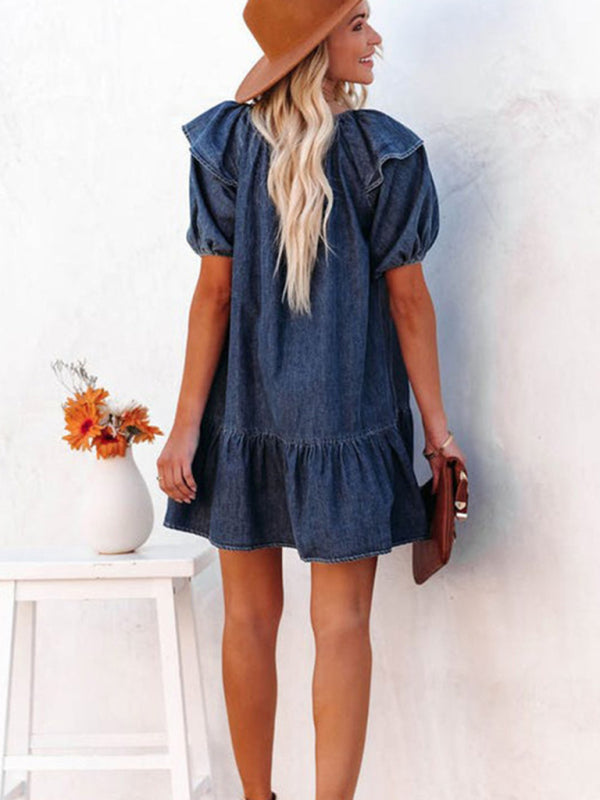 Denim Tunic Mini Dress with Puff Sleeves and Ruffle Accents