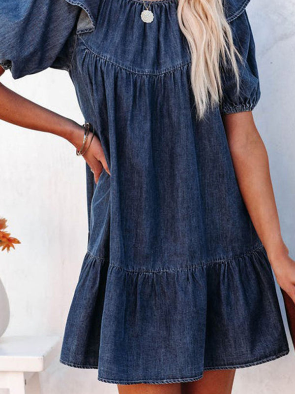 Denim Tunic Mini Dress with Puff Sleeves and Ruffle Accents