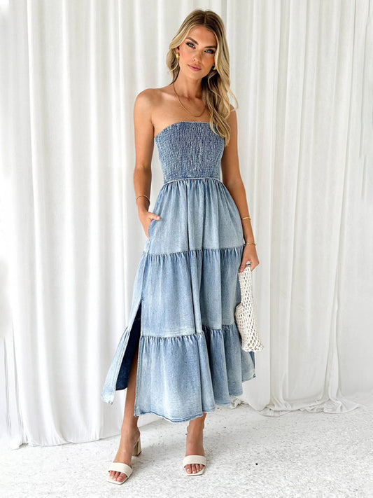 Denim Dresses- Smocked Bodice Denim Midi Dress Strapless & Tiered with Side Pockets- Clear blue- Chuzko Women Clothing
