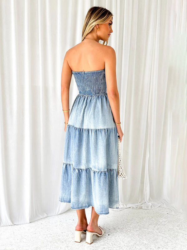 Denim Dresses- Smocked Bodice Denim Midi Dress Strapless & Tiered with Side Pockets- - Chuzko Women Clothing