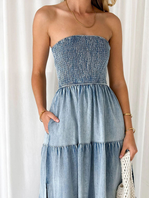 Denim Dresses- Smocked Bodice Denim Midi Dress Strapless & Tiered with Side Pockets- - Chuzko Women Clothing