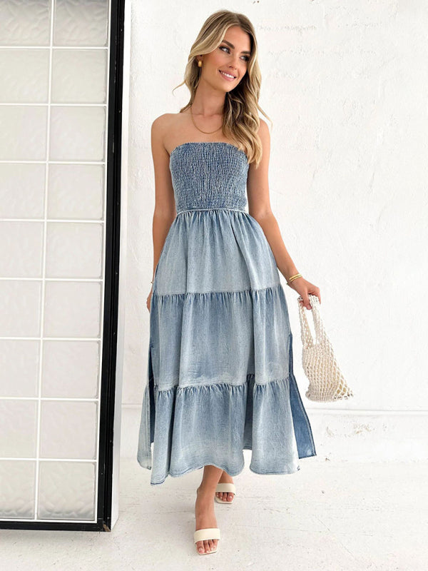 Denim Dresses- Smocked Bodice Denim Midi Dress Strapless & Tiered with Side Pockets- - Chuzko Women Clothing