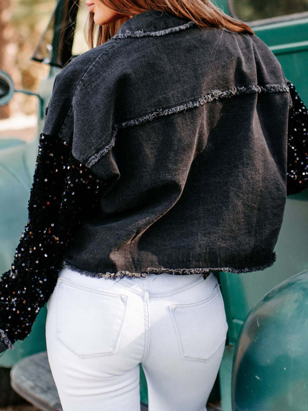 Denim Jackets- Distressed Denim Sparkling Sequin Patchwork Crop Jacket- Chuzko Women Clothing