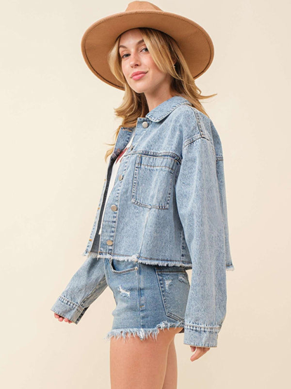 Denim Jackets- Love at the Back Heart Sequined Patched Denim Jacket | Crop Shacket- Chuzko Women Clothing