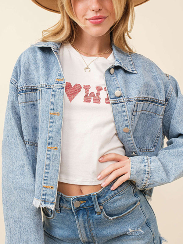 Denim Jackets- Love at the Back Heart Sequined Patched Denim Jacket | Crop Shacket- Chuzko Women Clothing