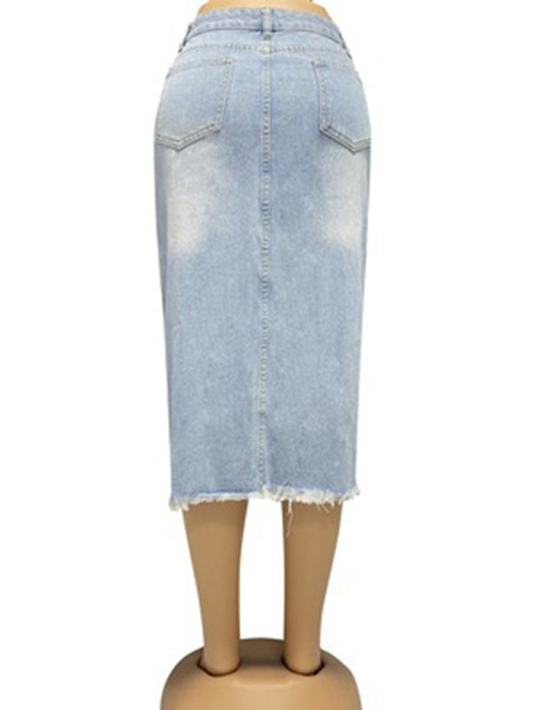 Denim Midi Skirt- High-Waisted Washed Denim Midi Skirt with Slit- Chuzko Women Clothing