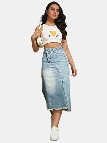 Denim Midi Skirt- High-Waisted Washed Denim Midi Skirt with Slit- Chuzko Women Clothing