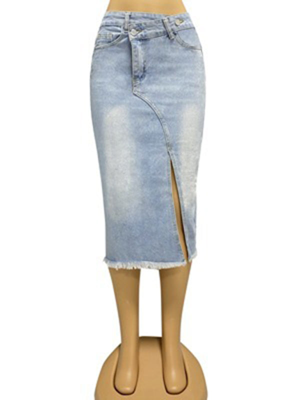 Denim Midi Skirt- High-Waisted Washed Denim Midi Skirt with Slit- Chuzko Women Clothing