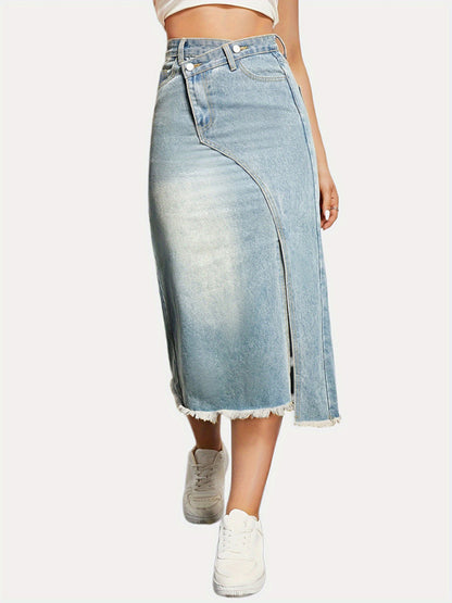 Denim Midi Skirt- High-Waisted Washed Denim Midi Skirt with Slit- Chuzko Women Clothing