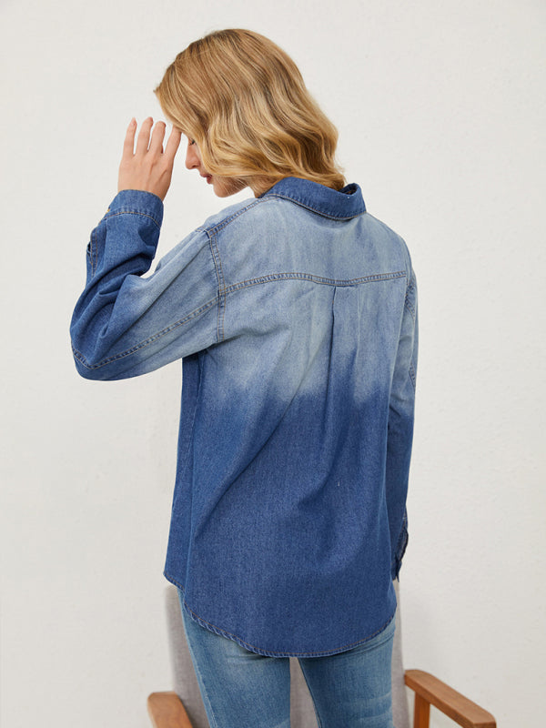 Denim Shackets- Gradient Denim Button-Up Shacket - Classic Collar Long Sleeve Shirt- - Chuzko Women Clothing