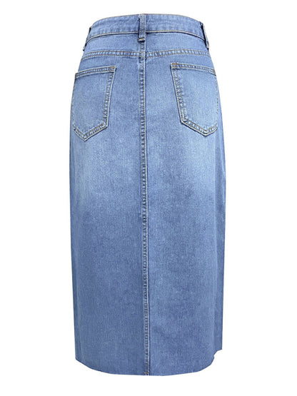 Denim Skirts- Distressed Washed Denim Slit Midi Skirt for Women- - Chuzko Women Clothing