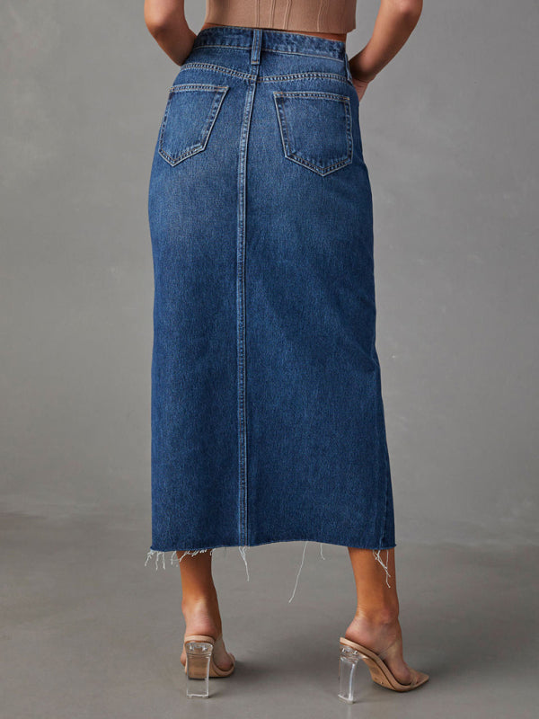 Denim Skirts- Distressed Washed Denim Slit Midi Skirt for Women- - Chuzko Women Clothing