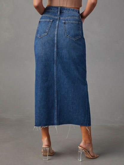 Denim Skirts- Distressed Washed Denim Slit Midi Skirt for Women- - Chuzko Women Clothing
