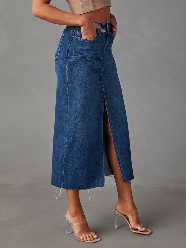 Denim Skirts- Distressed Washed Denim Slit Midi Skirt for Women- - Chuzko Women Clothing