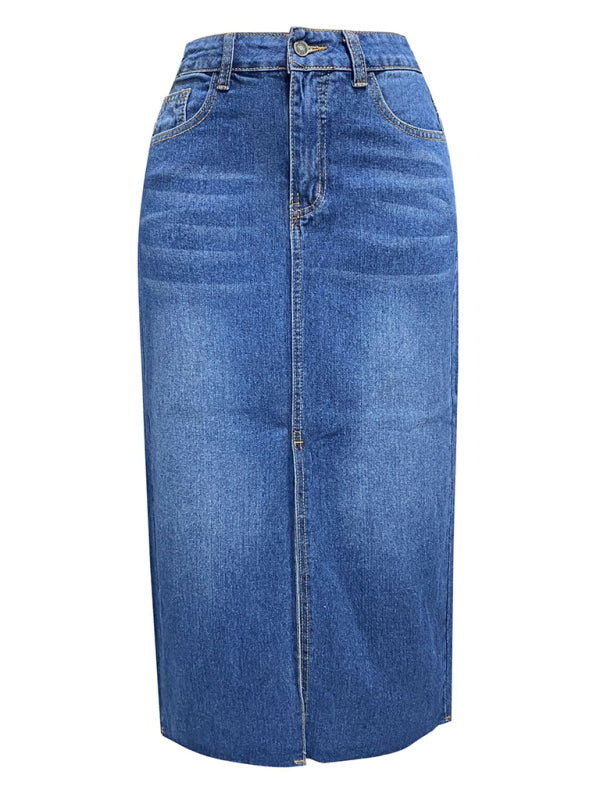 Denim Skirts- Distressed Washed Denim Slit Midi Skirt for Women- - Chuzko Women Clothing