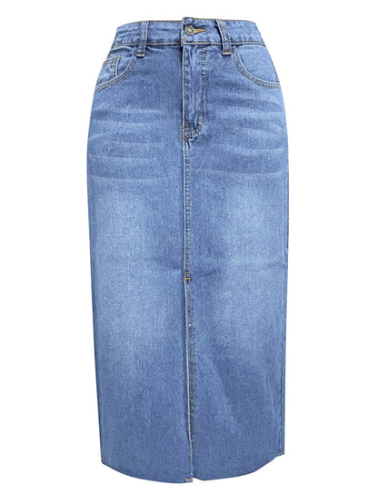 Denim Skirts- Distressed Washed Denim Slit Midi Skirt for Women- - Chuzko Women Clothing