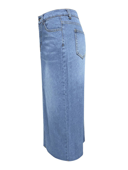 Denim Skirts- Distressed Washed Denim Slit Midi Skirt for Women- - Chuzko Women Clothing