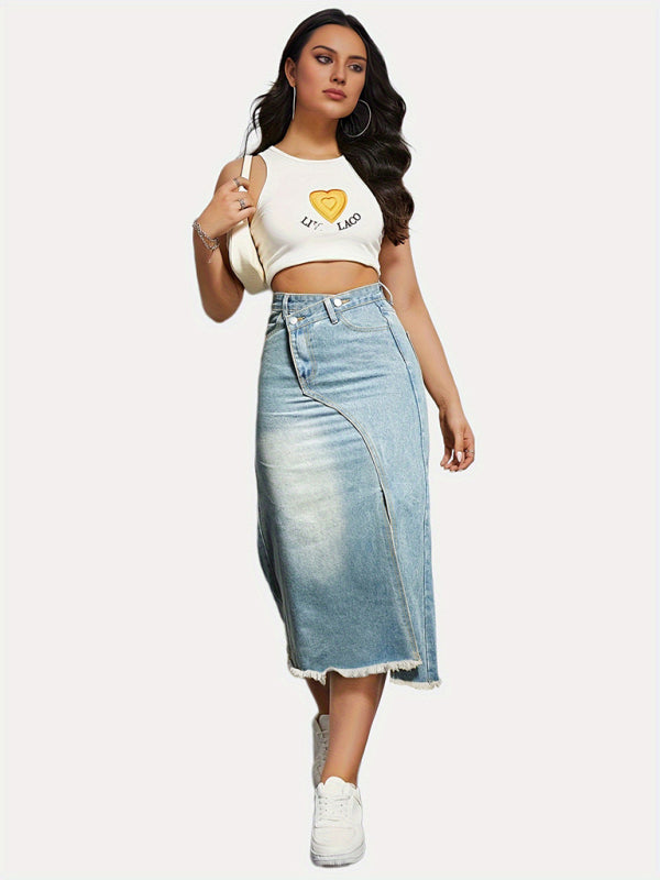 Denim Skirts- Distressed Washed Denim Slit Skirt with High Waist Twist- - Chuzko Women Clothing