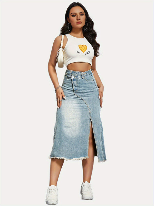 Denim Skirts- Distressed Washed Denim Slit Skirt with High Waist Twist- - Chuzko Women Clothing