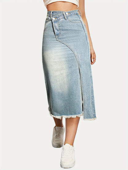 Denim Skirts- Distressed Washed Denim Slit Skirt with High Waist Twist- - Chuzko Women Clothing